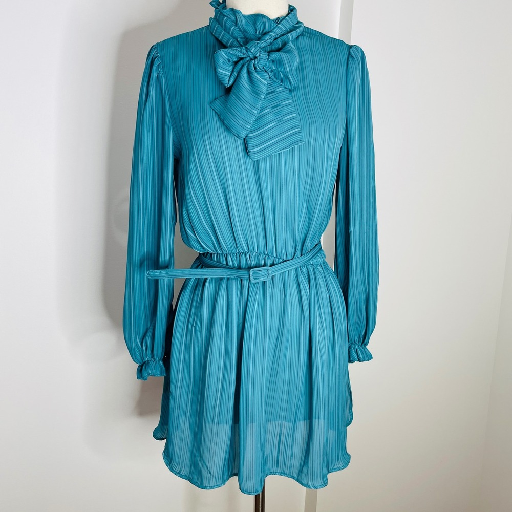 Teal Blue Pleated Mini Dress High Ruffle Neck Bow Tie Belted Long Sleeve Lined